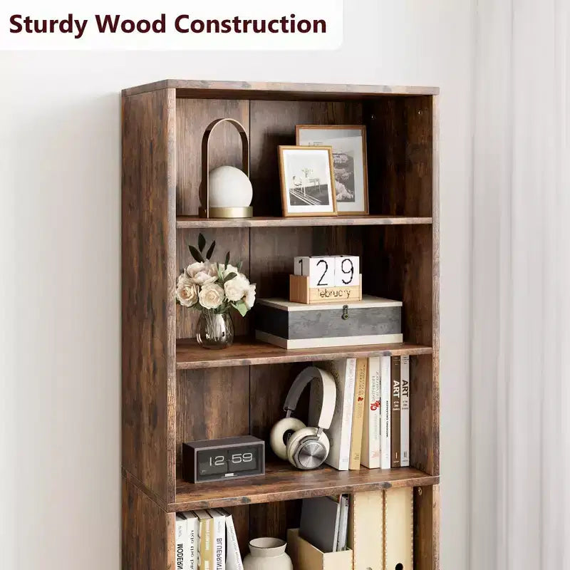 71.4 Industrial Bookcase with Doors 6-Shelf Farmhouse Bookshelf, 11.8 Deep Storage for Living Room, Bedroom & Home Office (Gray)
