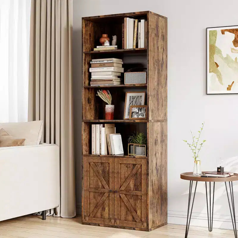 71.4 Industrial Bookcase with Doors 6-Shelf Farmhouse Bookshelf, 11.8 Deep Storage for Living Room, Bedroom & Home Office (Gray)