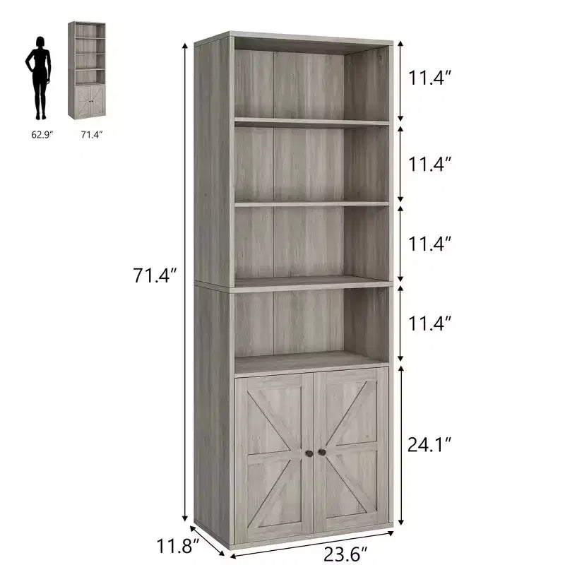 71.4 Industrial Bookcase with Doors 6-Shelf Farmhouse Bookshelf, 11.8 Deep Storage for Living Room, Bedroom & Home Office (Gray)