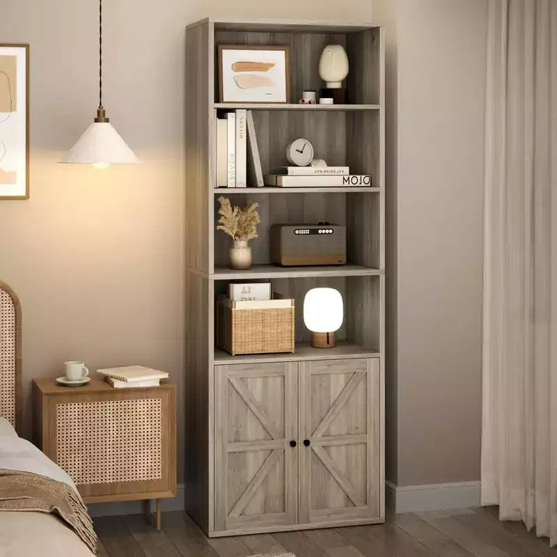 71.4 Industrial Bookcase with Doors 6-Shelf Farmhouse Bookshelf, 11.8 Deep Storage for Living Room, Bedroom & Home Office (Gray)
