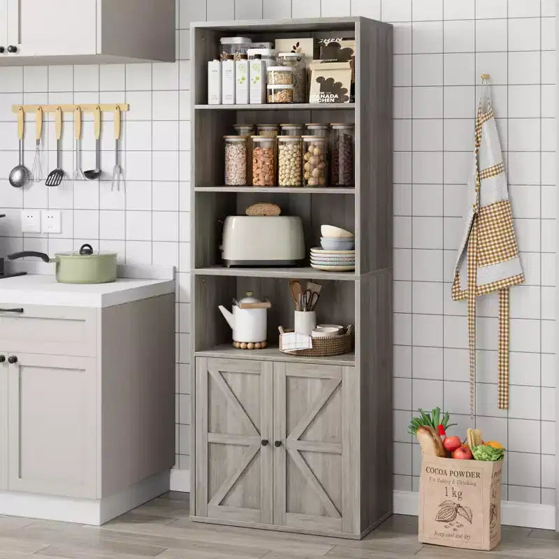 71.4 Industrial Bookcase with Doors 6-Shelf Farmhouse Bookshelf, 11.8 Deep Storage for Living Room, Bedroom & Home Office (Gray)