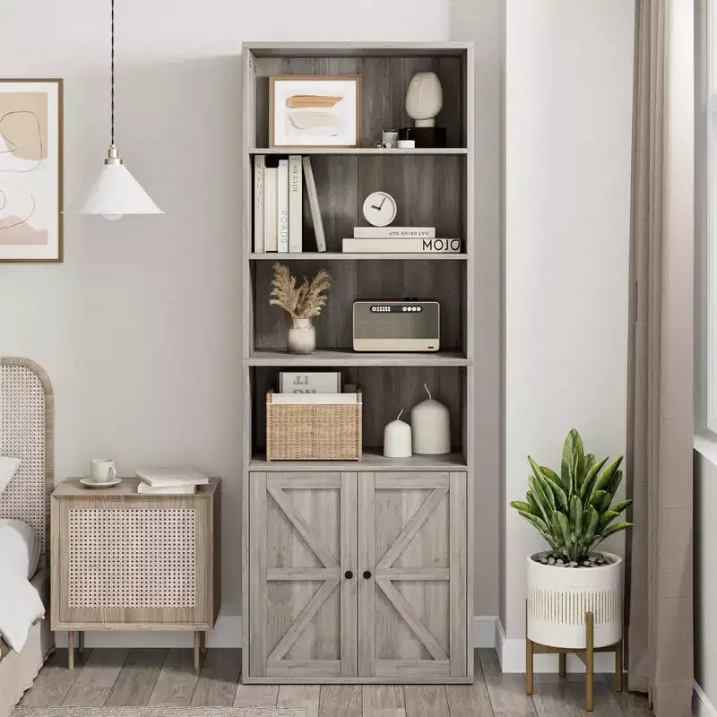 71.4 Industrial Bookcase with Doors 6-Shelf Farmhouse Bookshelf, 11.8 Deep Storage for Living Room, Bedroom & Home Office (Gray)