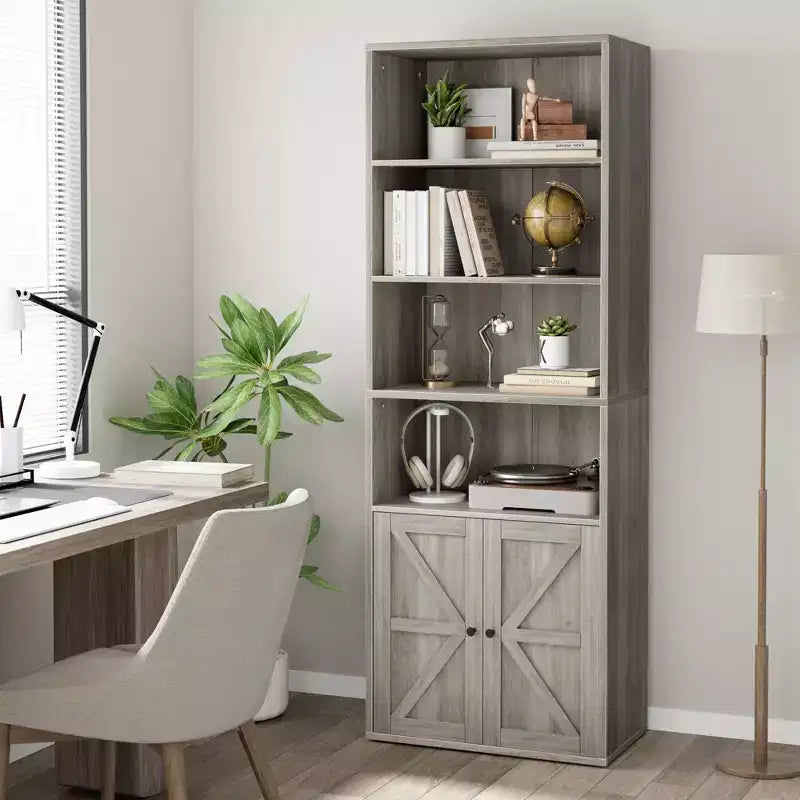 71.4 Industrial Bookcase with Doors 6-Shelf Farmhouse Bookshelf, 11.8 Deep Storage for Living Room, Bedroom & Home Office (Gray)
