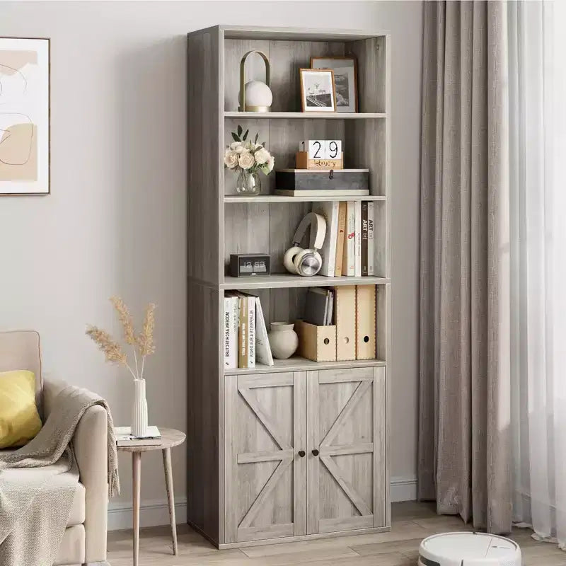 71.4 Industrial Bookcase with Doors 6-Shelf Farmhouse Bookshelf, 11.8 Deep Storage for Living Room, Bedroom & Home Office (Gray)