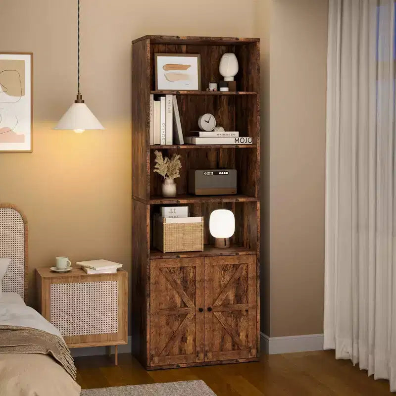 71.4 Industrial Bookcase with Doors 6-Shelf Farmhouse Bookshelf, 11.8 Deep Storage for Living Room, Bedroom & Home Office (Gray)