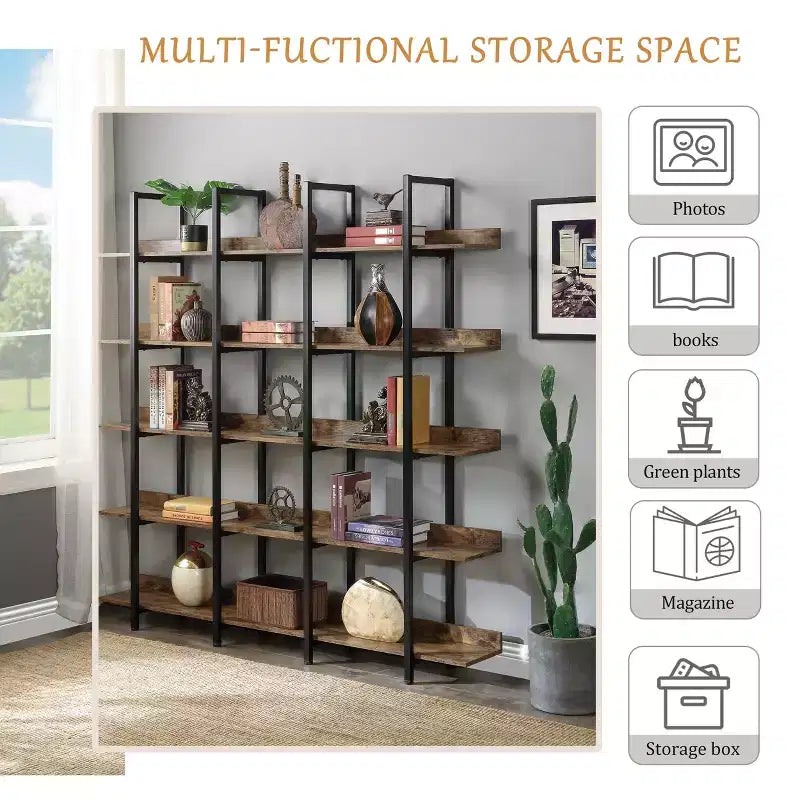 GDFStudio Betty Industrial 5-Tier Wood Bookcase with Open Shelves and Metal Frame