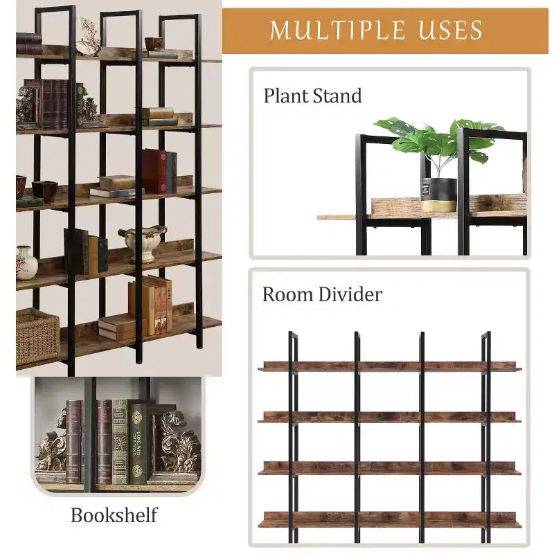 GDFStudio Betty Industrial 5-Tier Wood Bookcase with Open Shelves and Metal Frame