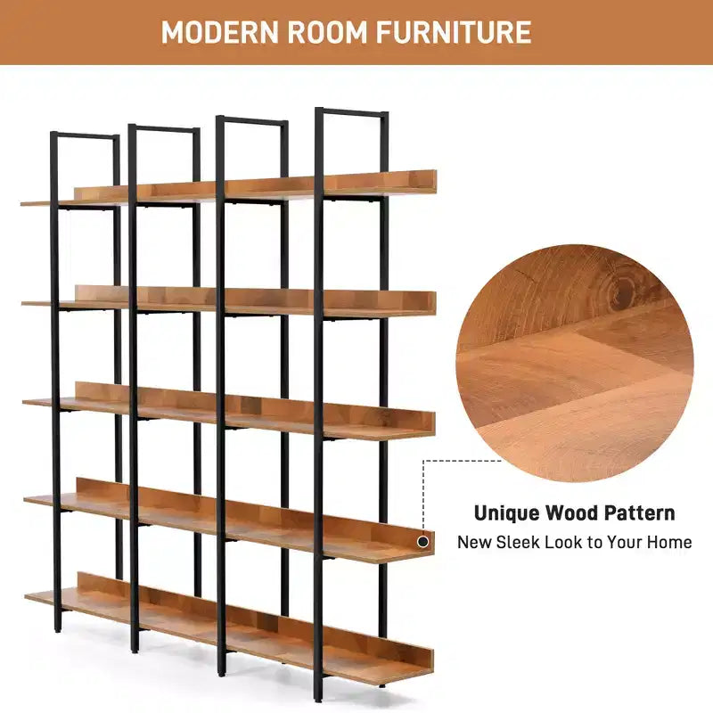 GDFStudio Betty Industrial 5-Tier Wood Bookcase with Open Shelves and Metal Frame