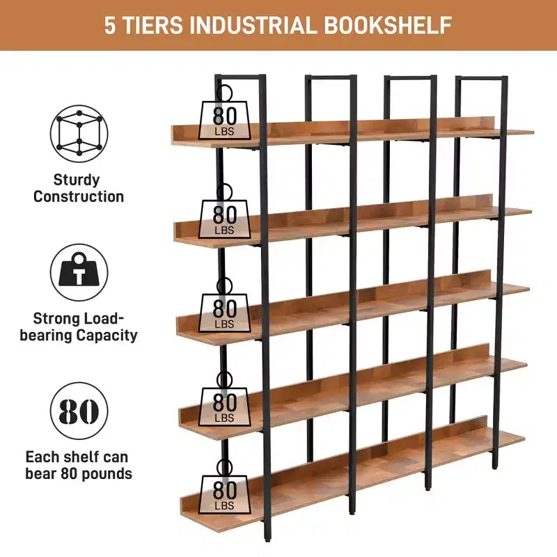 GDFStudio Betty Industrial 5-Tier Wood Bookcase with Open Shelves and Metal Frame