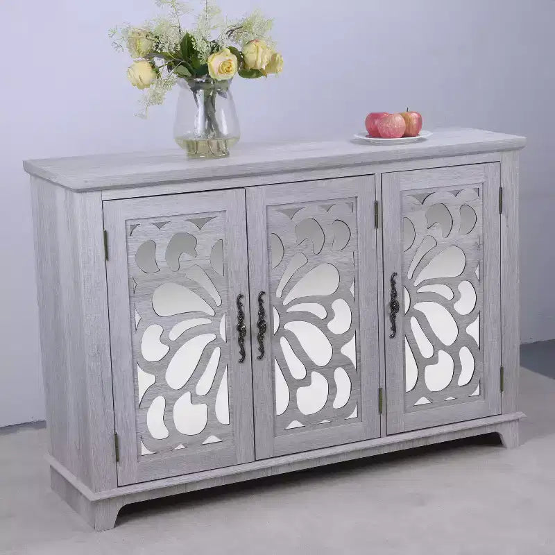 GDFStudio Saki 49.33'' Wooden Sideboard Cabinet with 3 Acrylic Mirrored Doors and Adjustable Shelf