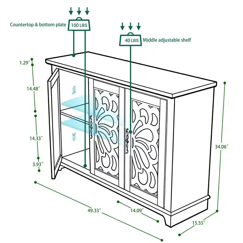 GDFStudio Saki 49.33'' Wooden Sideboard Cabinet with 3 Acrylic Mirrored Doors and Adjustable Shelf