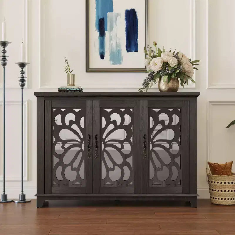 GDFStudio Saki 49.33'' Wooden Sideboard Cabinet with 3 Acrylic Mirrored Doors and Adjustable Shelf