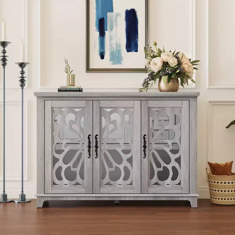GDFStudio Saki 49.33'' Wooden Sideboard Cabinet with 3 Acrylic Mirrored Doors and Adjustable Shelf