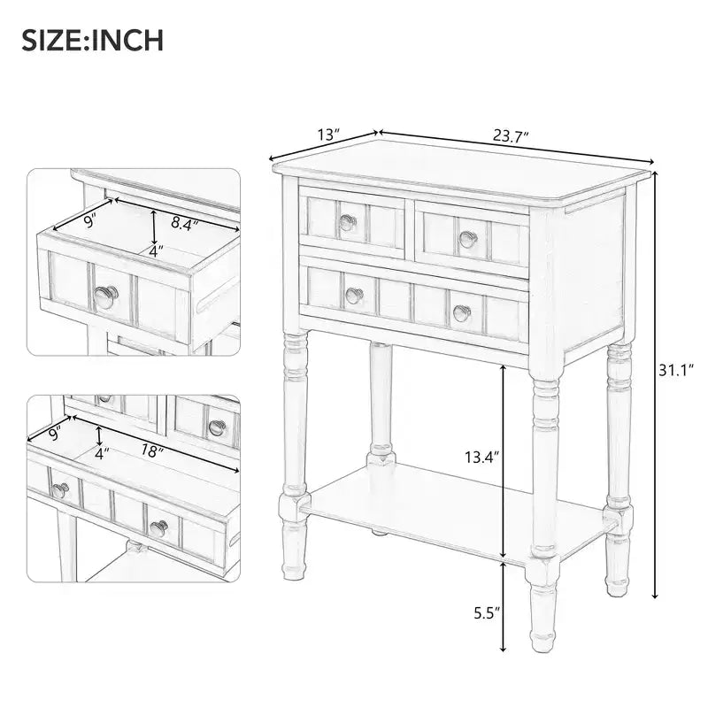 TUYOHW 23.7 Console Table with 3 Drawers,Solid Wood Entryway Table with Bottom Shelf,Rustic Sofa Table for Hallway,Entryway,Living Room,Bedroom