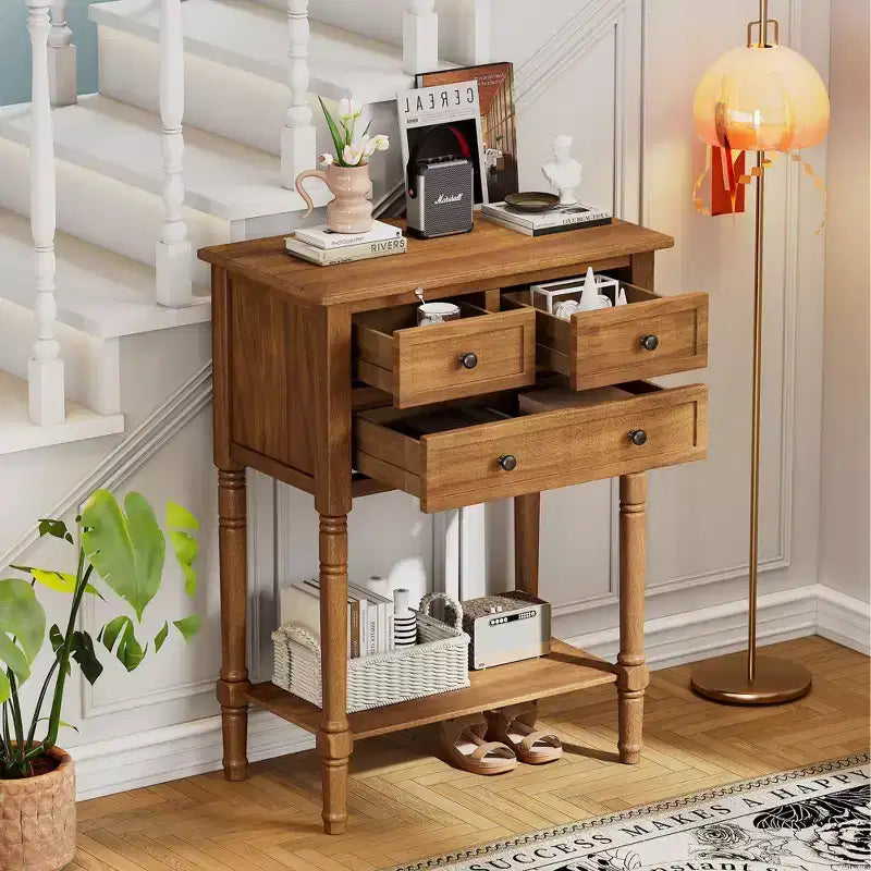 TUYOHW 23.7 Console Table with 3 Drawers,Solid Wood Entryway Table with Bottom Shelf,Rustic Sofa Table for Hallway,Entryway,Living Room,Bedroom