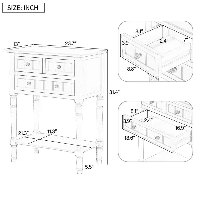 TUYOHW 23.7 Console Table with 3 Drawers,Solid Wood Entryway Table with Bottom Shelf,Rustic Sofa Table for Hallway,Entryway,Living Room,Bedroom