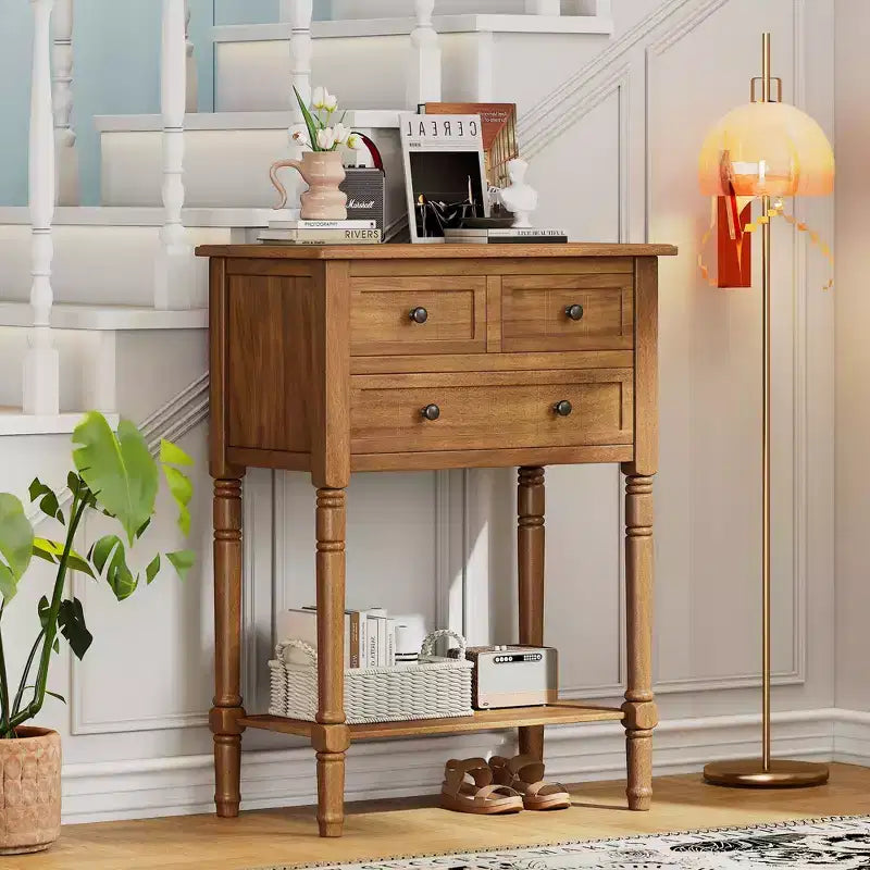 TUYOHW 23.7 Console Table with 3 Drawers,Solid Wood Entryway Table with Bottom Shelf,Rustic Sofa Table for Hallway,Entryway,Living Room,Bedroom