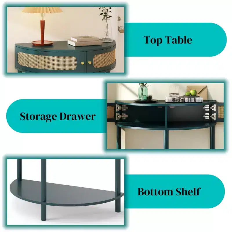 TUYOHW Rattan Half Moon Console Table,Entryway Table with 2 Sliding Rattan Door,Wood Sofa Table with Bottom Shelf for Living Room,Hallway