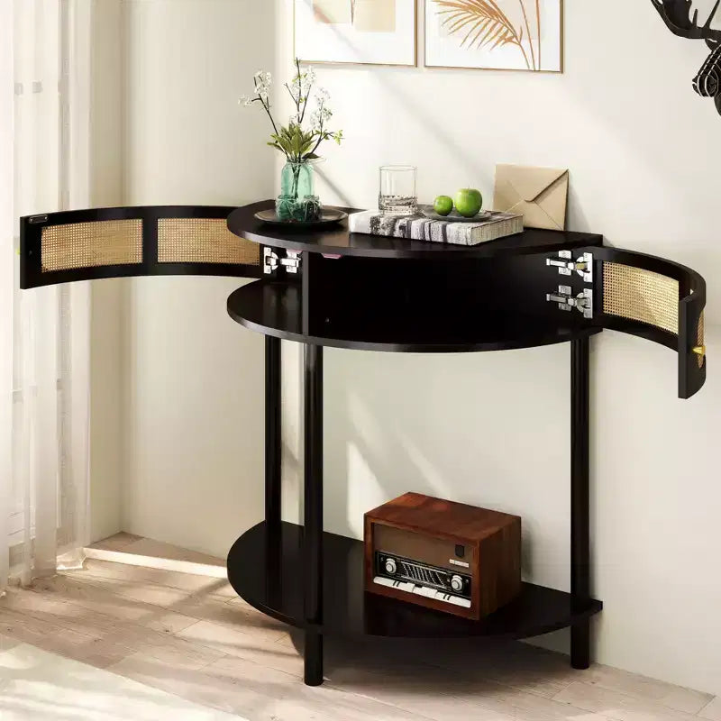 TUYOHW Rattan Half Moon Console Table,Entryway Table with 2 Sliding Rattan Door,Wood Sofa Table with Bottom Shelf for Living Room,Hallway