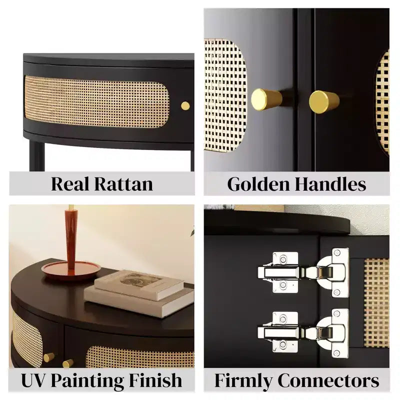 TUYOHW Rattan Half Moon Console Table,Entryway Table with 2 Sliding Rattan Door,Wood Sofa Table with Bottom Shelf for Living Room,Hallway