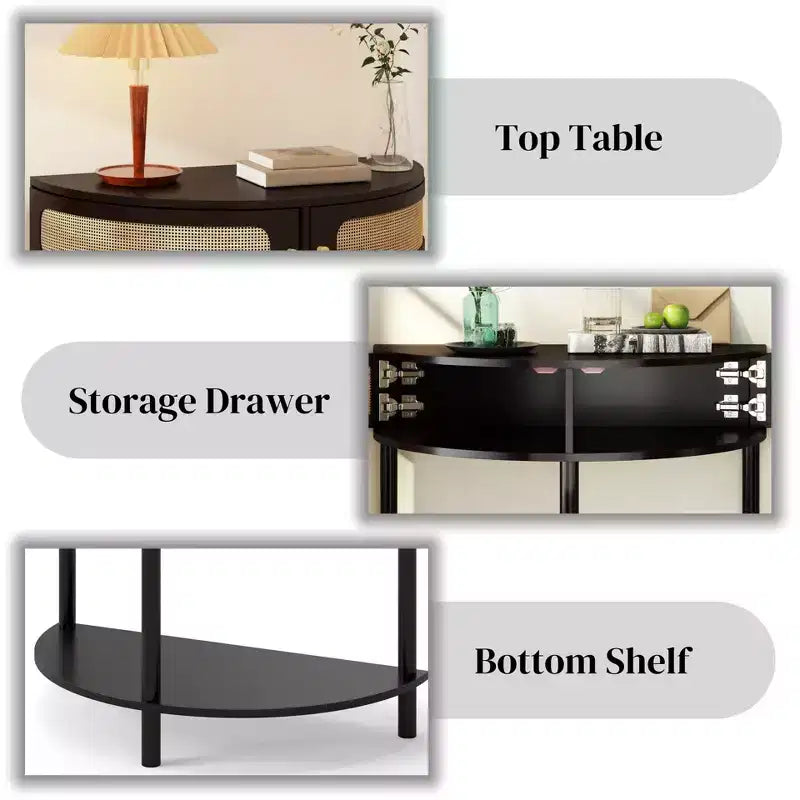 TUYOHW Rattan Half Moon Console Table,Entryway Table with 2 Sliding Rattan Door,Wood Sofa Table with Bottom Shelf for Living Room,Hallway