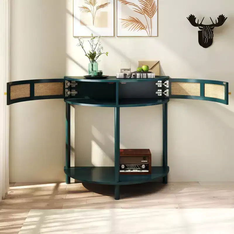 TUYOHW Rattan Half Moon Console Table,Entryway Table with 2 Sliding Rattan Door,Wood Sofa Table with Bottom Shelf for Living Room,Hallway
