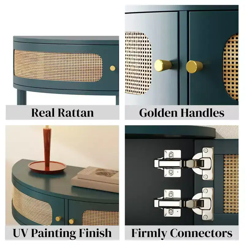 TUYOHW Rattan Half Moon Console Table,Entryway Table with 2 Sliding Rattan Door,Wood Sofa Table with Bottom Shelf for Living Room,Hallway