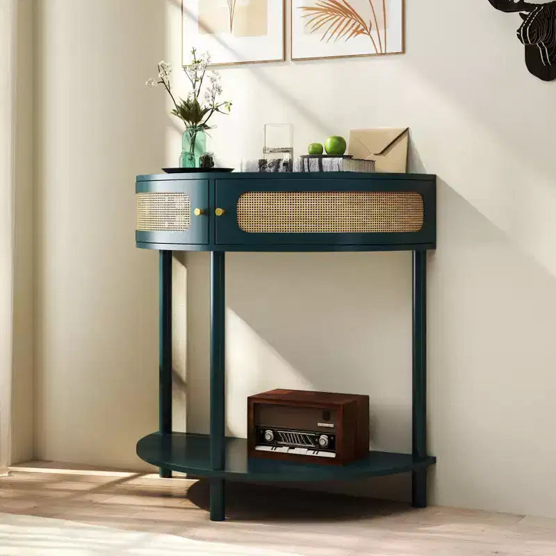 TUYOHW Rattan Half Moon Console Table,Entryway Table with 2 Sliding Rattan Door,Wood Sofa Table with Bottom Shelf for Living Room,Hallway