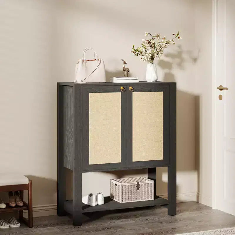COZONY Rattan Shoe Cabinet, 5-Tier Entryway Organizer w/ Adjustable Shelves & Doors