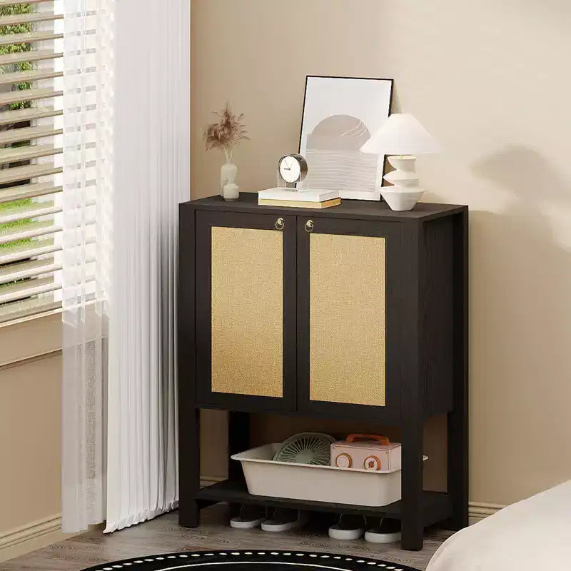 COZONY Rattan Shoe Cabinet, 5-Tier Entryway Organizer w/ Adjustable Shelves & Doors
