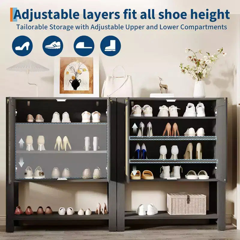 COZONY Rattan Shoe Cabinet, 5-Tier Entryway Organizer w/ Adjustable Shelves & Doors