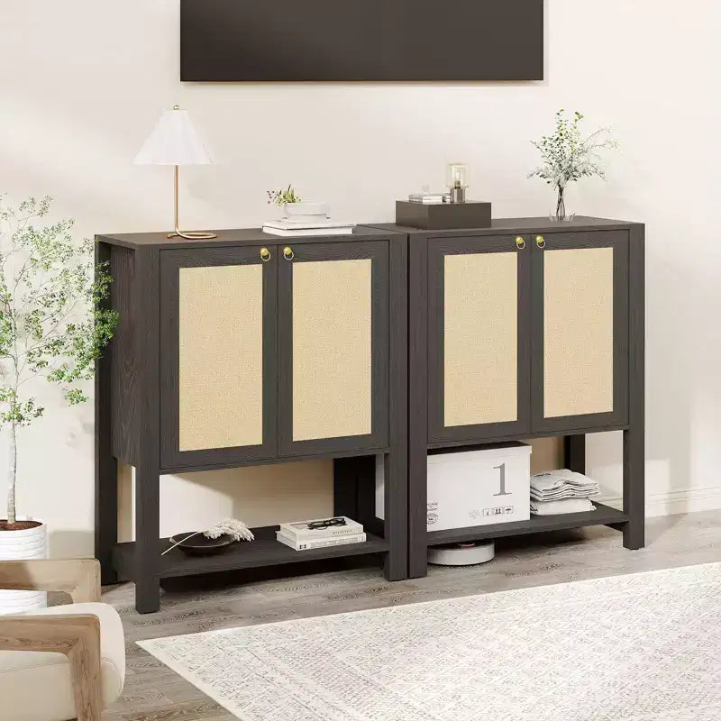 COZONY Rattan Shoe Cabinet, 5-Tier Entryway Organizer w/ Adjustable Shelves & Doors