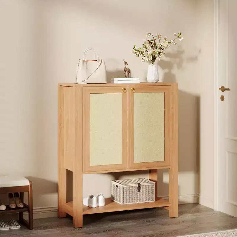 COZONY Rattan Shoe Cabinet, 5-Tier Entryway Organizer w/ Adjustable Shelves & Doors