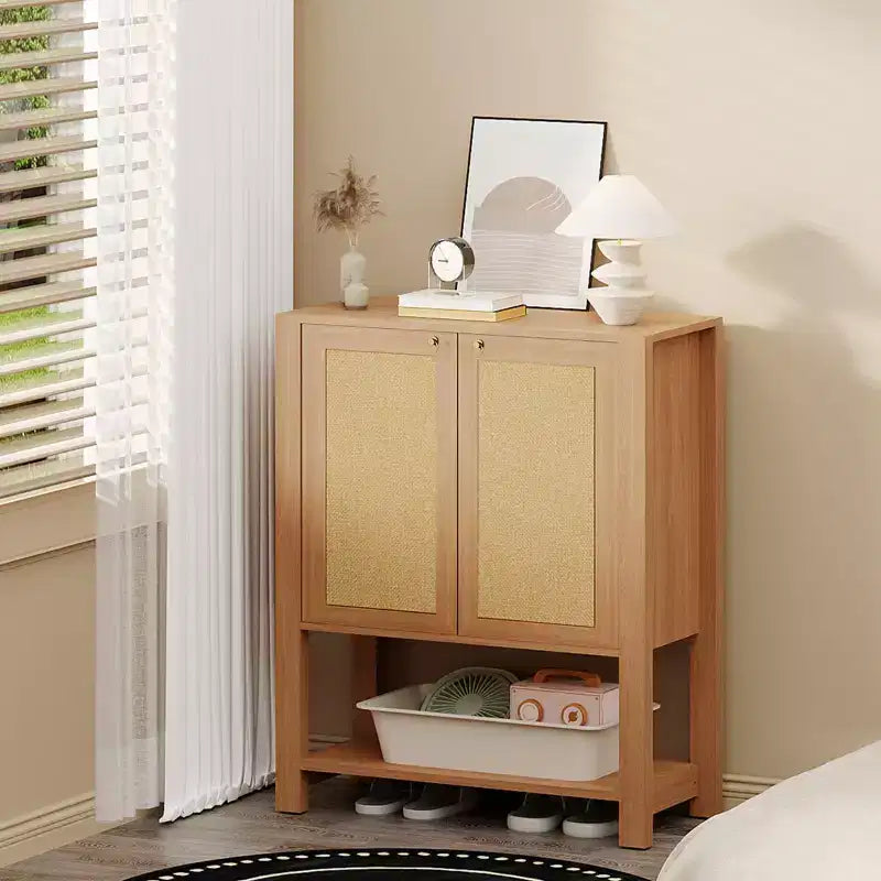 COZONY Rattan Shoe Cabinet, 5-Tier Entryway Organizer w/ Adjustable Shelves & Doors
