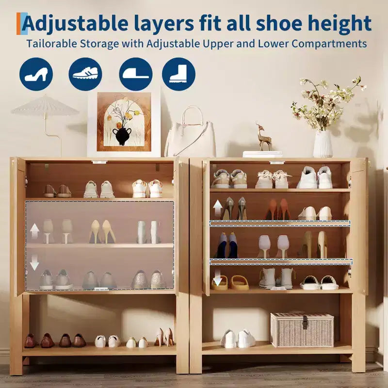 COZONY Rattan Shoe Cabinet, 5-Tier Entryway Organizer w/ Adjustable Shelves & Doors