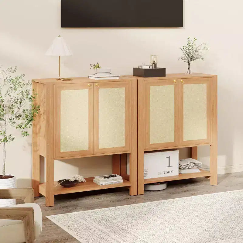COZONY Rattan Shoe Cabinet, 5-Tier Entryway Organizer w/ Adjustable Shelves & Doors
