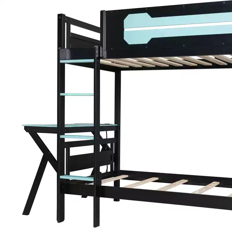 Twin/Full Size Gaming Bunk Bed with Dual Built-In Desks, USB Ports & Pegboard Organizer, E-Sports Inspired Bed Frame for Gamers - ModernLuxe