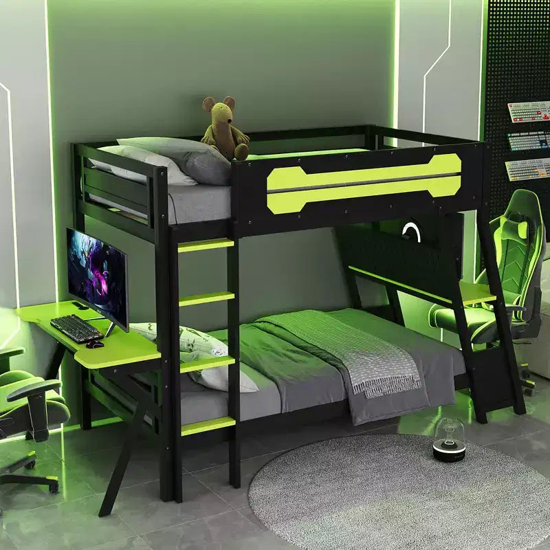 Twin/Full Size Gaming Bunk Bed with Dual Built-In Desks, USB Ports & Pegboard Organizer, E-Sports Inspired Bed Frame for Gamers - ModernLuxe