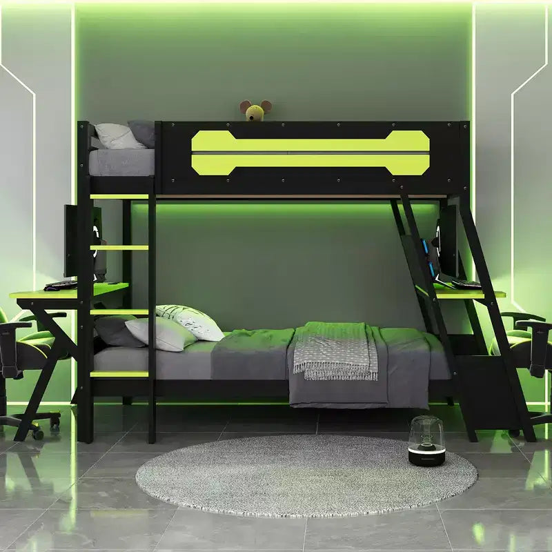 Twin/Full Size Gaming Bunk Bed with Dual Built-In Desks, USB Ports & Pegboard Organizer, E-Sports Inspired Bed Frame for Gamers - ModernLuxe