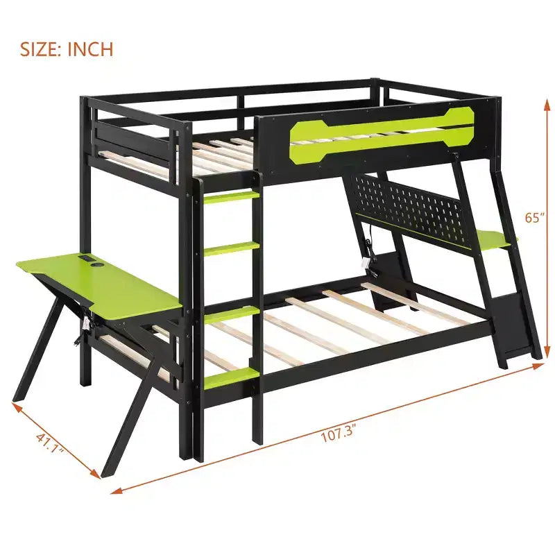 Twin/Full Size Gaming Bunk Bed with Dual Built-In Desks, USB Ports & Pegboard Organizer, E-Sports Inspired Bed Frame for Gamers - ModernLuxe