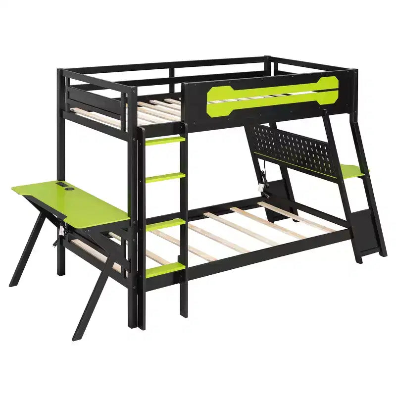 Twin/Full Size Gaming Bunk Bed with Dual Built-In Desks, USB Ports & Pegboard Organizer, E-Sports Inspired Bed Frame for Gamers - ModernLuxe