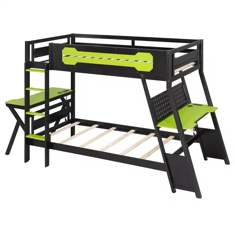 Twin/Full Size Gaming Bunk Bed with Dual Built-In Desks, USB Ports & Pegboard Organizer, E-Sports Inspired Bed Frame for Gamers - ModernLuxe