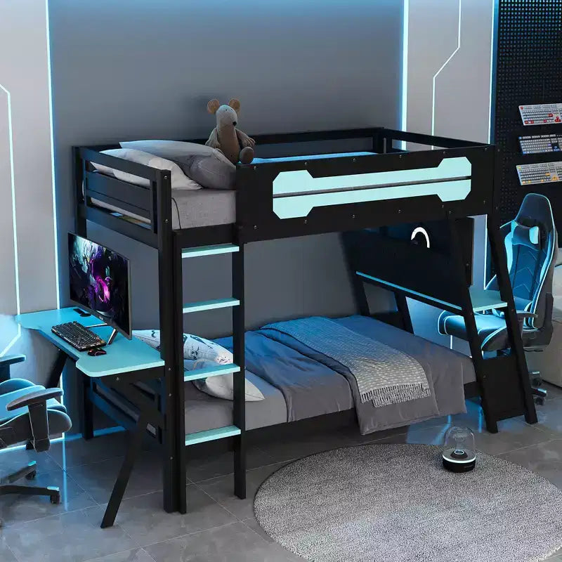 Twin/Full Size Gaming Bunk Bed with Dual Built-In Desks, USB Ports & Pegboard Organizer, E-Sports Inspired Bed Frame for Gamers - ModernLuxe