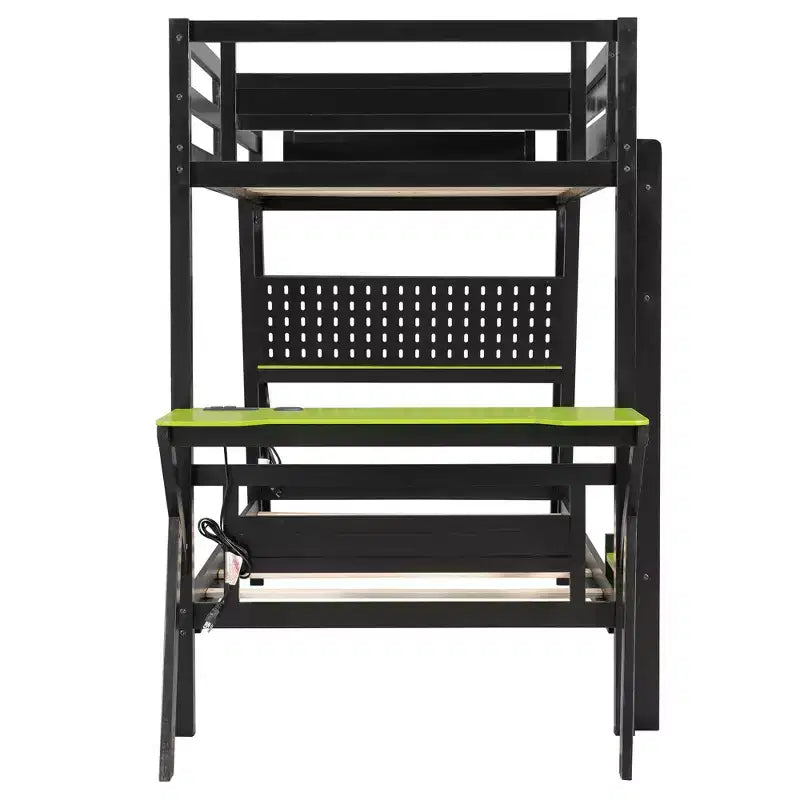 Twin/Full Size Gaming Bunk Bed with Dual Built-In Desks, USB Ports & Pegboard Organizer, E-Sports Inspired Bed Frame for Gamers - ModernLuxe