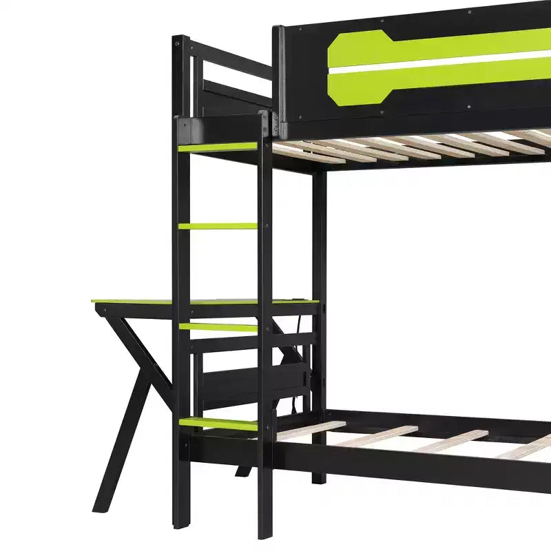 Twin/Full Size Gaming Bunk Bed with Dual Built-In Desks, USB Ports & Pegboard Organizer, E-Sports Inspired Bed Frame for Gamers - ModernLuxe