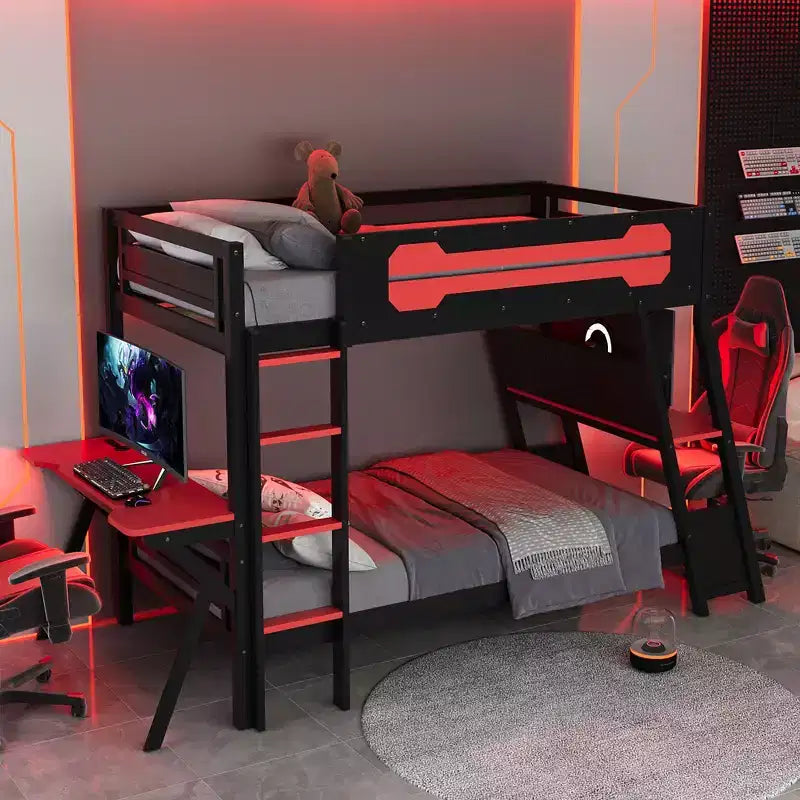 Twin/Full Size Gaming Bunk Bed with Dual Built-In Desks, USB Ports & Pegboard Organizer, E-Sports Inspired Bed Frame for Gamers - ModernLuxe