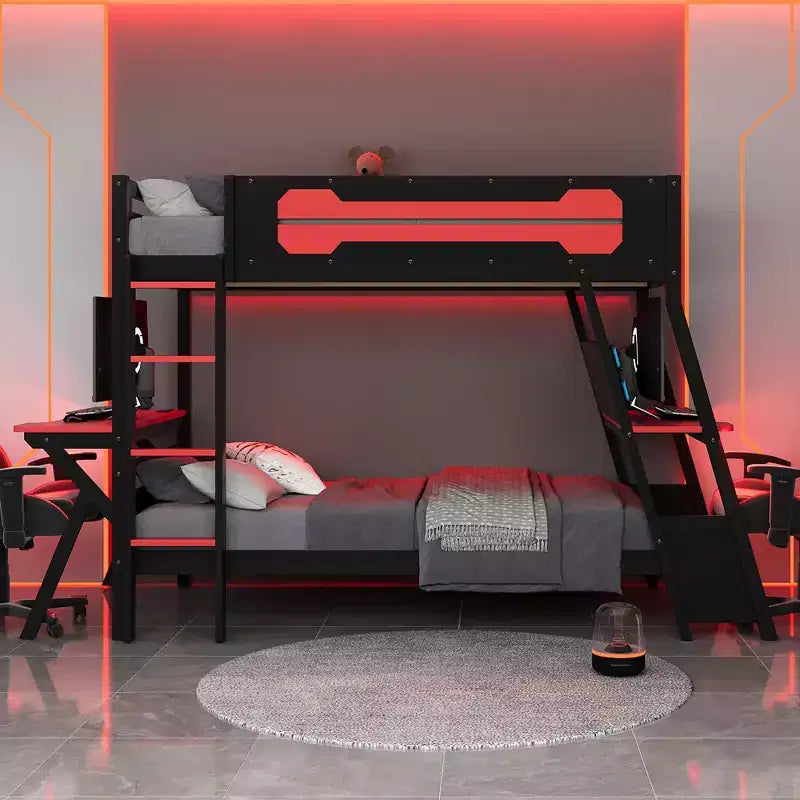 Twin/Full Size Gaming Bunk Bed with Dual Built-In Desks, USB Ports & Pegboard Organizer, E-Sports Inspired Bed Frame for Gamers - ModernLuxe