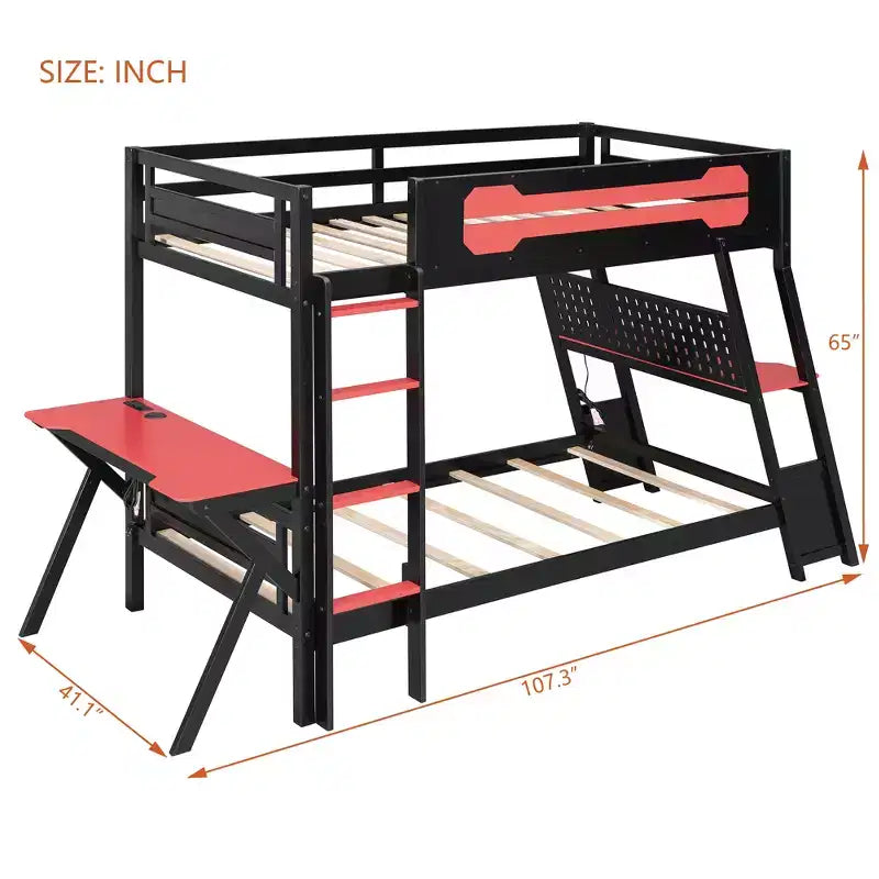 Twin/Full Size Gaming Bunk Bed with Dual Built-In Desks, USB Ports & Pegboard Organizer, E-Sports Inspired Bed Frame for Gamers - ModernLuxe
