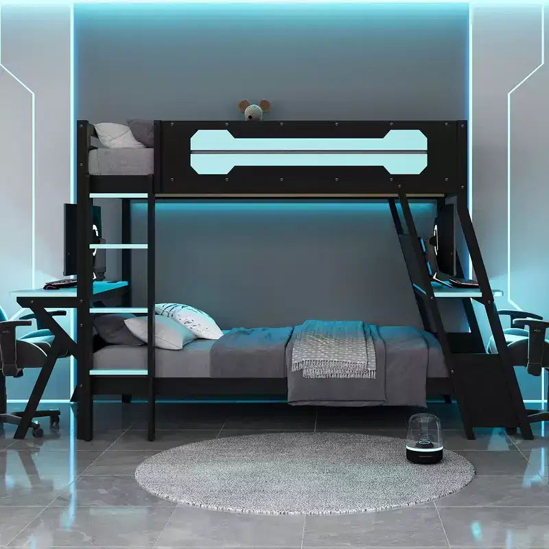 Twin/Full Size Gaming Bunk Bed with Dual Built-In Desks, USB Ports & Pegboard Organizer, E-Sports Inspired Bed Frame for Gamers - ModernLuxe