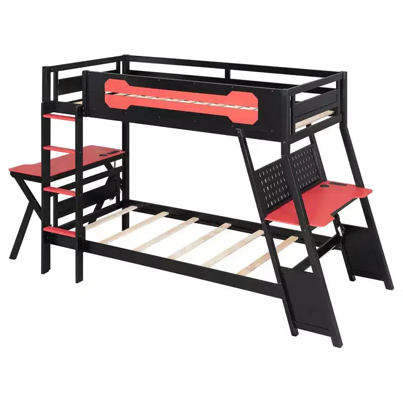Twin/Full Size Gaming Bunk Bed with Dual Built-In Desks, USB Ports & Pegboard Organizer, E-Sports Inspired Bed Frame for Gamers - ModernLuxe